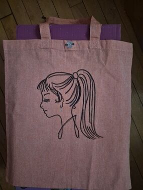 Peach Canvas Tote Bag with Ponytail Silhouette - Hand Painted By Me.